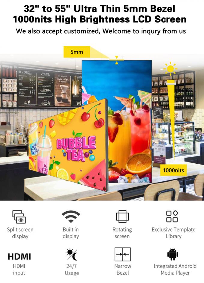 32~55 inch Super Slim wifi Loop LCD Video Wall 1000nit Splice voor winkelcentra Wayfinding Digital Signage Screen Wall 0